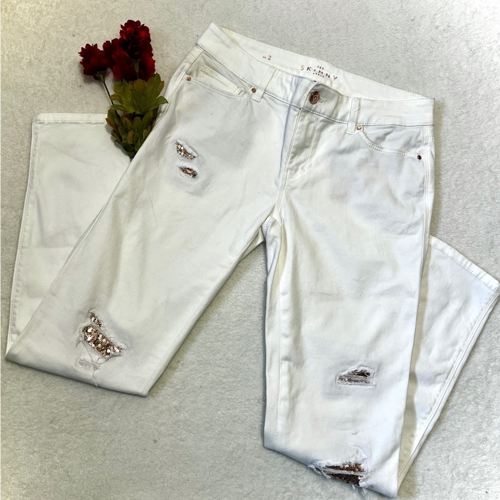 White House Black Market White Sequin Patch Skinny Ankle Jean - Size 2 (29")
